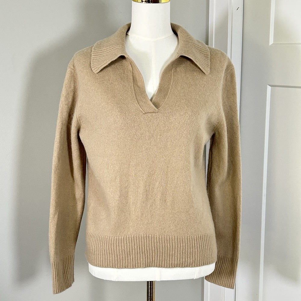 Athleta Alpine Cashmere Merino Wool Sweater Women's Large Tan V-Neck Collar $199